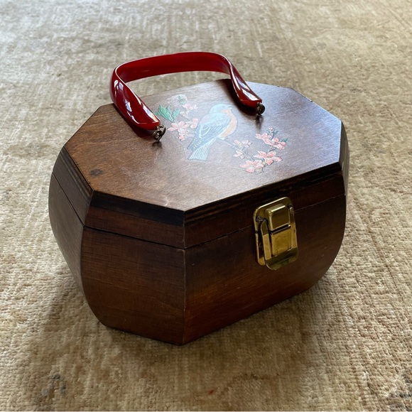 Hand Made Vintage Wooden Mini Bag with Red Handle - Picture 4 of 11